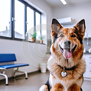 A beautiful red-haired dog in a veterinary clinic. Taking care of pets