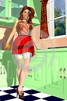 Beautiful red-haired girl cleans the kitchen