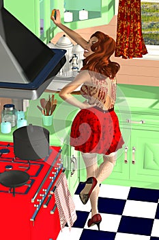 Beautiful red-haired girl cleans the kitchen