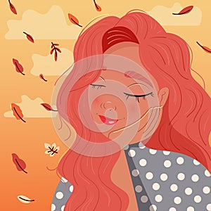 Beautiful red haired girl leaning on her hand with closed eyes, daydreaming, with autumn leaves falling and clouds.