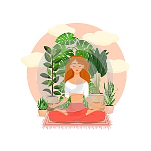 Beautiful red haired girl in a lotus pose surrounded by plants. Vector illustration of a meditating woman at home