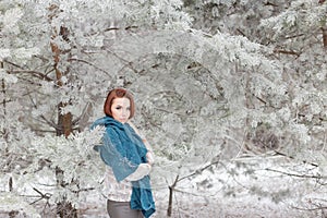 Beautiful red-haired girl with a scarf on his shoulders walking in the winter forest of firs and pines stilled