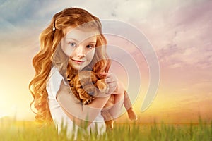 Beautiful red-haired little girl with red puppy outdoor. Kid Pet Friendship