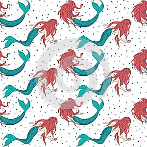 Beautiful red haired mermaids vector seamless pattern. Underwater mythical creatures on the white polka dot background.