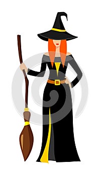 Beautiful red-haired witch in black with a gold dress and a pointed hat stands with a broom in hand. Halloween character
