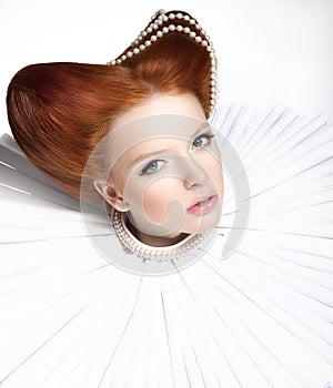 Beautiful Red Head Duchess in Jabot - Retro Style. Dramatic Theatrical Makeup. Masquerade photo