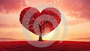 Beautiful red heart shaped tree at sunset