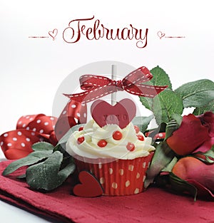 Beautiful red heart Valentine theme cupcake with roses and decorations for the month of February