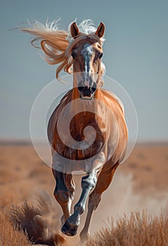 Beautiful red horse running on the sand in the desert