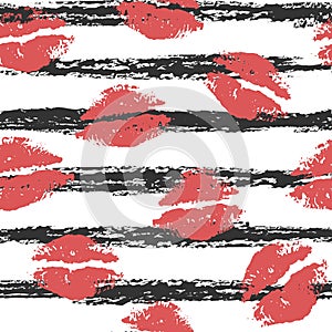 Beautiful red lips on a background of black stripes. Seamless pattern. Lip print. Kisses. Freehand drawing.