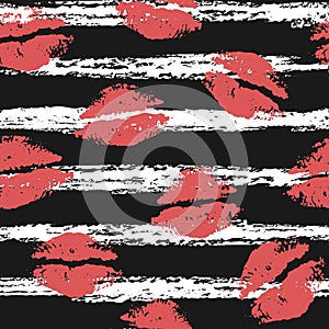 Beautiful red lips on a background of black stripes. Seamless pattern. Lip print. Kisses. Freehand drawing