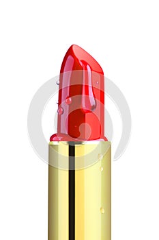 Beautiful red lipstick with water or gel moisturizer drops isolated on white. Modern makeup product