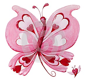 Beautiful red loveheart butterfly painting on white photo