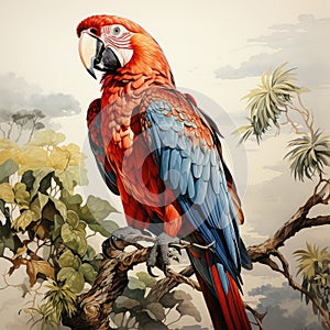 Beautiful Red Macaw Parrot extreme closeup. Generative AI