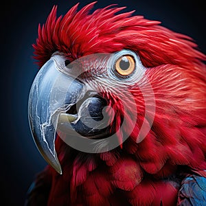 Beautiful Red Macaw Parrot extreme closeup. Generative AI