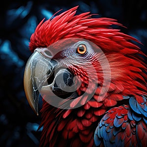 Beautiful Red Macaw Parrot extreme closeup. Generative AI