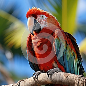 Beautiful Red Macaw Parrot extreme closeup. Generative AI