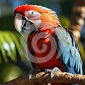 Beautiful Red Macaw Parrot extreme closeup. Generative AI