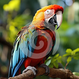 Beautiful Red Macaw Parrot extreme closeup. Generative AI