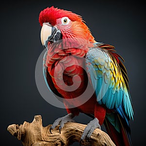 Beautiful Red Macaw Parrot extreme closeup. Generative AI