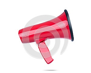 Beautiful red megaphone, side view, isolated on white background. File contains a path to isolation