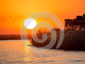 Beautiful red orange African sunset over Chobe River at Chobe River National Park, Botswana, Southern Africa
