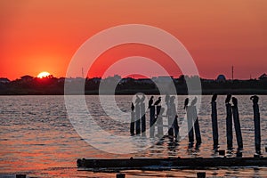 Beautiful red and orange sunset over the sea. The sun goes down over the sea. A flock of cormorants sits on a old sea pier in