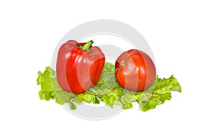 Beautiful red pepper and tomato on lettuce leaves.