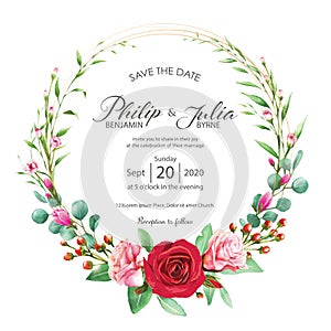 Beautiful red and pink floral, flower wedding invitation card on white background. Vector, water color. Rose, magnolia.