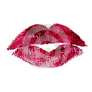 Beautiful red pink lips kiss. Woman`s lipstick trace with newspaper texture