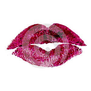 Beautiful red pink lips kiss. Woman`s lipstick trace with newspaper texture