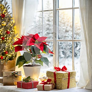 Beautiful red poinsettia flower with Christmas gifts in front of winter window view