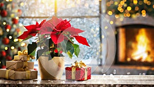 Beautiful red poinsettia flower with Christmas gifts on table