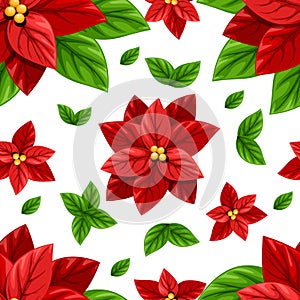 Beautiful red Poinsettia flower and green leaves Christmas decoration seamless illustration isolated on white background wi