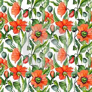 Beautiful red poppy flowers with green leaves on white background. Seamless summer floral pattern. Watercolor painting.