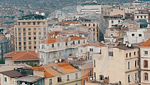 Beautiful red roofs with many satellite dishes and air conditioning. Crowded city Istanbul aerial view from Galata tower