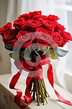 Beautiful red rose bouquet with red bow, vertical image, AI Generated