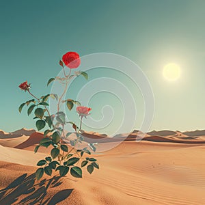 Beautiful red rose in the desert. 3d rendering illustration.