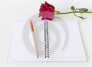 Beautiful red rose ,notebook white background.