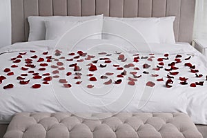 Beautiful red rose petals on bed in room