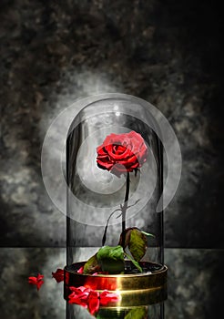 Beautiful red rose under glass cap on table against dark grey background