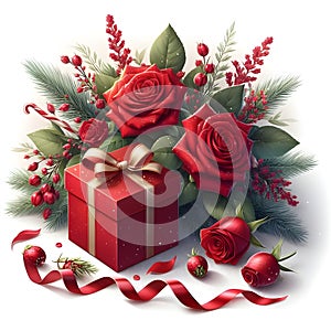 Beautiful red roses and gift box on white background, closeup, Valentine\'s Day background with red roses and gift box.,