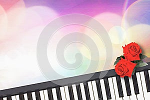 Beautiful red roses on piano keyboard with colorful romance.