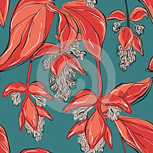 Beautiful red seagreen vintage Floral pattern. Tropical exotic flowers botanical Motifs vertical print. Seamless vector texture