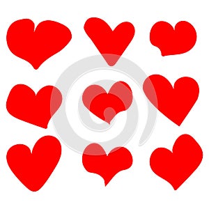 Beautiful red set hearts isolated on the white background