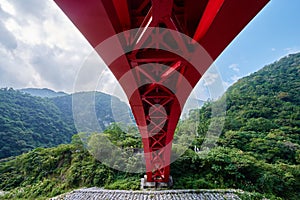 Beautiful Red Shakadang bridge in high angle view