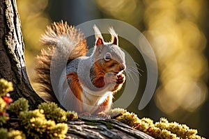 Beautiful red squirrel in the autumn park. Squirrel close up