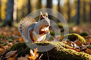 Beautiful red squirrel in the autumn park. Squirrel close up