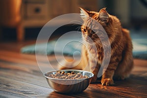 Beautiful red striped cat sitting by a bowl of dry kibble pet food at home