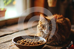 Beautiful red striped cat sitting by a bowl of dry kibble pet food at home